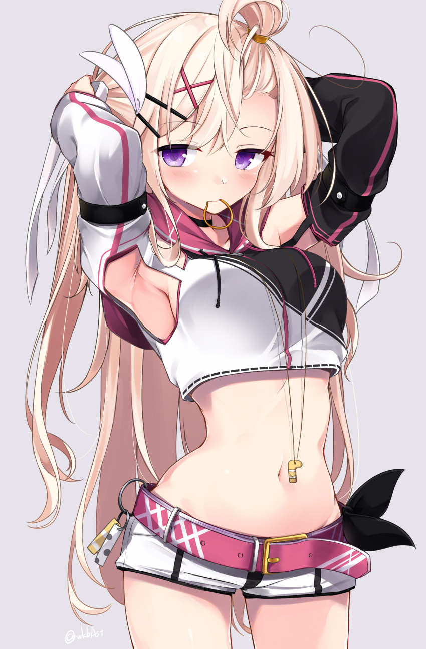 1girl, absurdres, adjusting_hair, armpit_cutout, armpits, arms_behind_head, arms_up, bangs