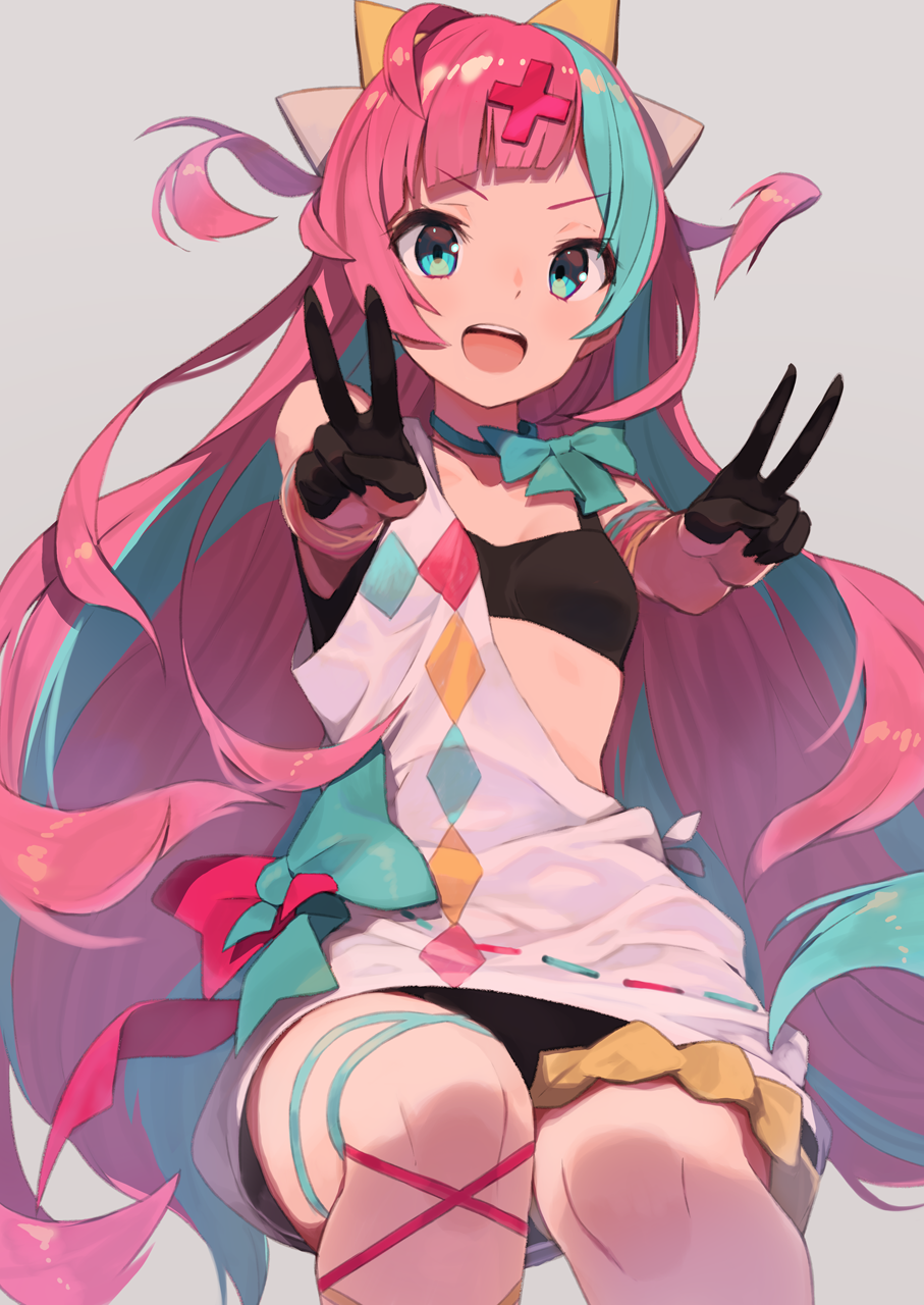 1girl, :d, ahoge, asymmetrical_clothes, black_bra, black_gloves, black_panties, blue_bow, blue_eyes, blue_hair, blue_neckwear, blush, bow, bowtie, bra, breasts, commentary, double_v, dress, gloves, hair_ornament, highres, invisible_chair, long_hair, multicolored_hair, open_mouth, outstretched_arms, panties, pink_hair, pinky_pop_hepburn, pinky_pop_hepburn_official, scrunchie, single_strap, sitting, sleeveless, sleeveless_dress, small_breasts, smile, solo, thigh_scrunchie, tomioka_jirou, two-tone_hair, two_side_up, underwear, upper_teeth, upskirt, v, v-shaped_eyebrows, very_long_hair, virtual_youtuber, white_dress, x_hair_ornament
