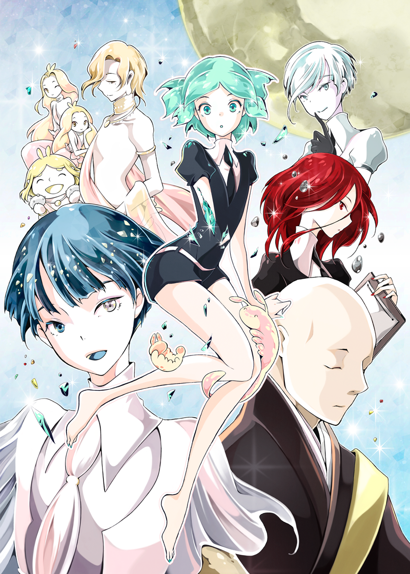 3boys, 6+others, aechmea_(houseki_no_kuni), androgynous, antarcticite, bald, bangs, barefoot, blonde_hair, blue_eyes, blue_hair, blunt_bangs, broken, clipboard, closed_eyes, colored_eyelashes, dual_persona, finger_to_mouth, gem, gem_uniform_(houseki_no_kuni), gloves, green_eyes, green_hair, heterochromia, houseki_no_kuni, japanese_clothes, kongou_sensei, long_hair, looking_at_viewer, missing_limb, moon, multiple_boys, multiple_others, multiple_persona, necktie, no_nipples, one_eye_closed, open_mouth, phosphophyllite, phosphophyllite_(ll), red_eyes, redhead, sea_slug, shards, shinsha_(houseki_no_kuni), short_hair, smile, spoilers, tsuki_jin, variegatus, ventricosus, white_eyes, white_hair, yellow_eyes, zun_goshemoru