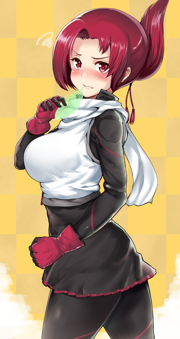 1girl, black_dress, black_legwear, breasts, checkered, checkered_background, clenched_hand, cowboy_shot