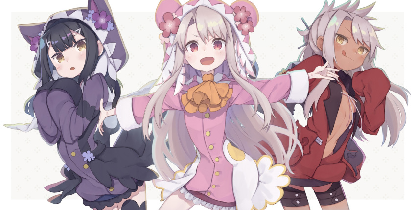 3girls, :d, :q, adapted_costume, animal_hood, bangs, black_hair, blush, breasts, brown_eyes, buttons, cat_hood, chloe_von_einzbern, commentary_request, contrapposto, cowboy_shot, dark_skin, eyebrows_visible_through_hair, fate/kaleid_liner_prisma_illya, fate_(series), hair_ornament, hair_stick, hairclip, hand_on_hip, hand_on_own_chest, highres, hood, hood_down, hood_up, hoodie, illyasviel_von_einzbern, leaning_forward, long_hair, long_sleeves, looking_at_viewer, miyu_edelfelt, multiple_girls, navel, open_mouth, outside_border, outstretched_arms, pink_hair, red_eyes, sidelocks, silver_hair, simple_background, sleeves_past_wrists, small_breasts, smile, thigh-highs, thigh_strap, tongue, tongue_out, totatokeke, yellow_eyes