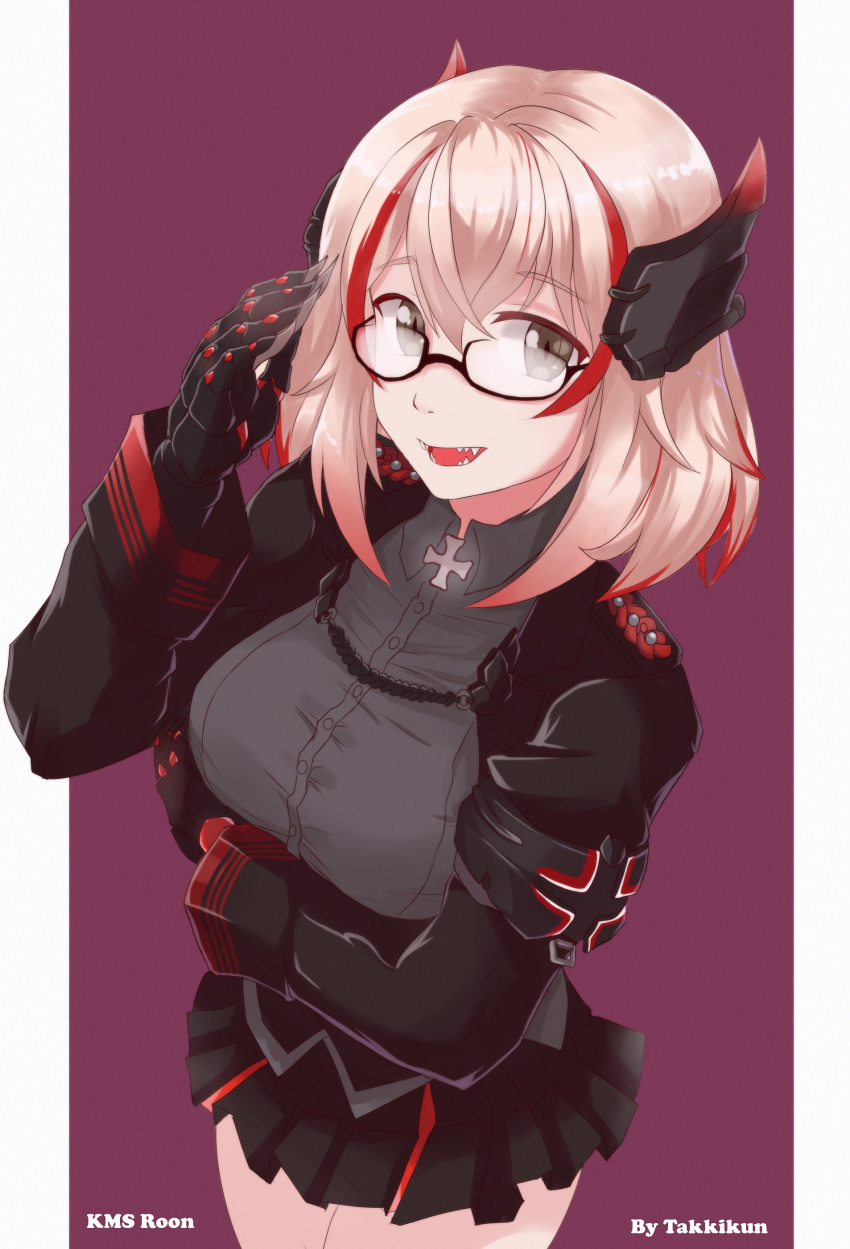 1girl, absurdres, azur_lane, bangs, blonde_hair, breasts, brown_eyes, eyebrows_visible_through_hair, glasses, hair_between_eyes, headgear, highres, iron_cross, jacket, large_breasts, long_sleeves, looking_at_viewer, multicolored_hair, redhead, roon_(azur_lane), sharp_teeth, short_hair, skirt, solo, streaked_hair, takkikun, teeth