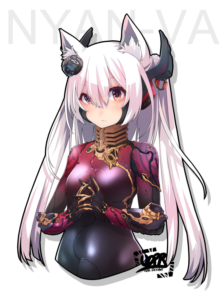1girl, animal_ears, artist_name, bangs, bodysuit, breasts, cat_ears, closed_mouth