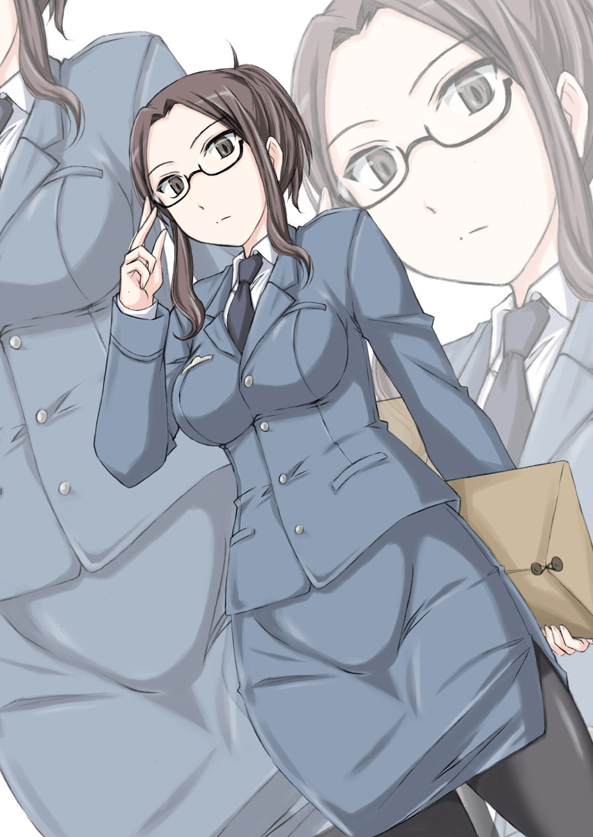 1girl, adjusting_eyewear, air_force, arm_behind_back, black-framed_eyewear, black_legwear, blue_jacket, blue_neckwear