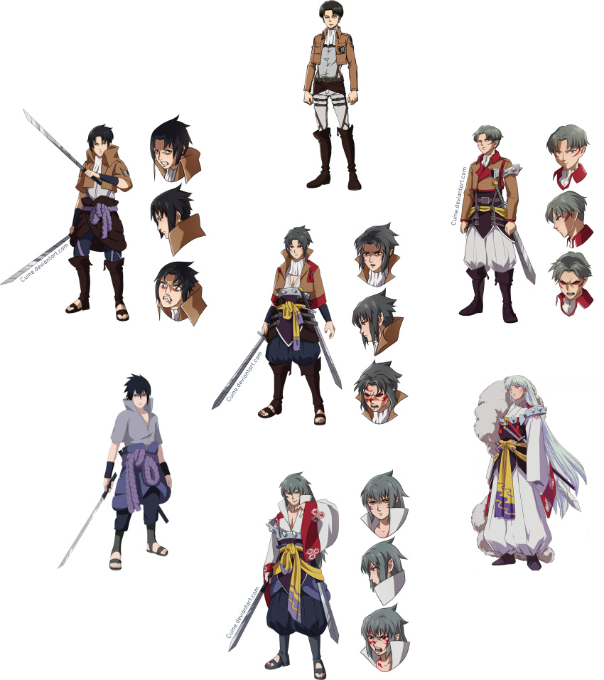 3boys, absurdres, ascot, belt, black_eyes, black_hair, boots, crossover