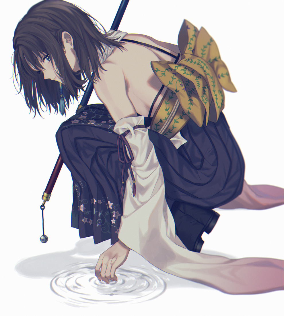 1girl, back_bow, bangs, bare_shoulders, bell, black_bra, black_footwear, black_hair, blue_eyes, boots, bow, bra, closed_mouth, detached_sleeves, eyebrows_visible_through_hair, final_fantasy, final_fantasy_x, floral_print, from_side, full_body, hair_ornament, hakama, humiyooo, japanese_clothes, jingle_bell, long_sleeves, looking_at_viewer, looking_to_the_side, obi, purple_hakama, purple_ribbon, ribbon, ribbon-trimmed_sleeves, ribbon_trim, ripples, sash, short_hair, simple_background, smile, solo, squatting, staff, underwear, water, white_background, wide_sleeves, yellow_bow, yuna