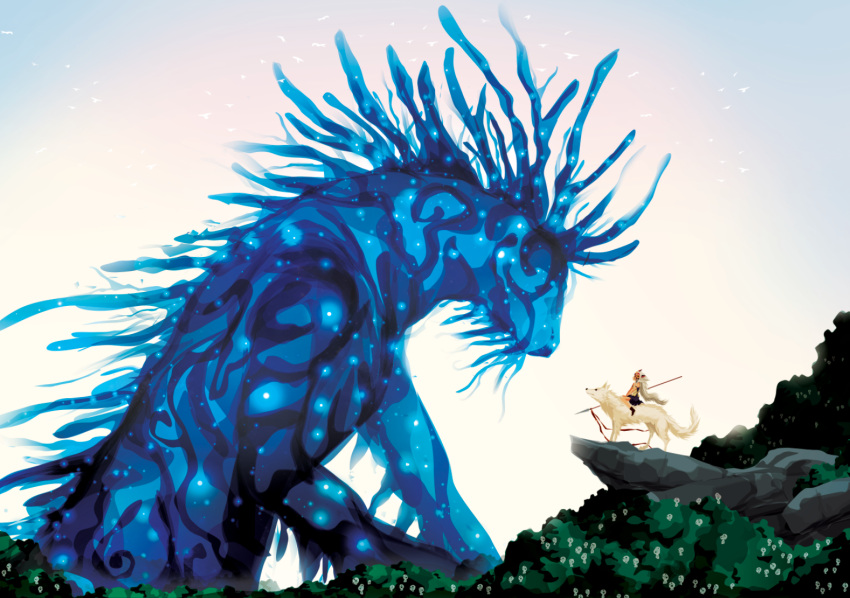 1girl, animal, animal_ears, daidarabocchi_(mononoke_hime), forest, giant, justin_currie_(chasingartwork), light_particles