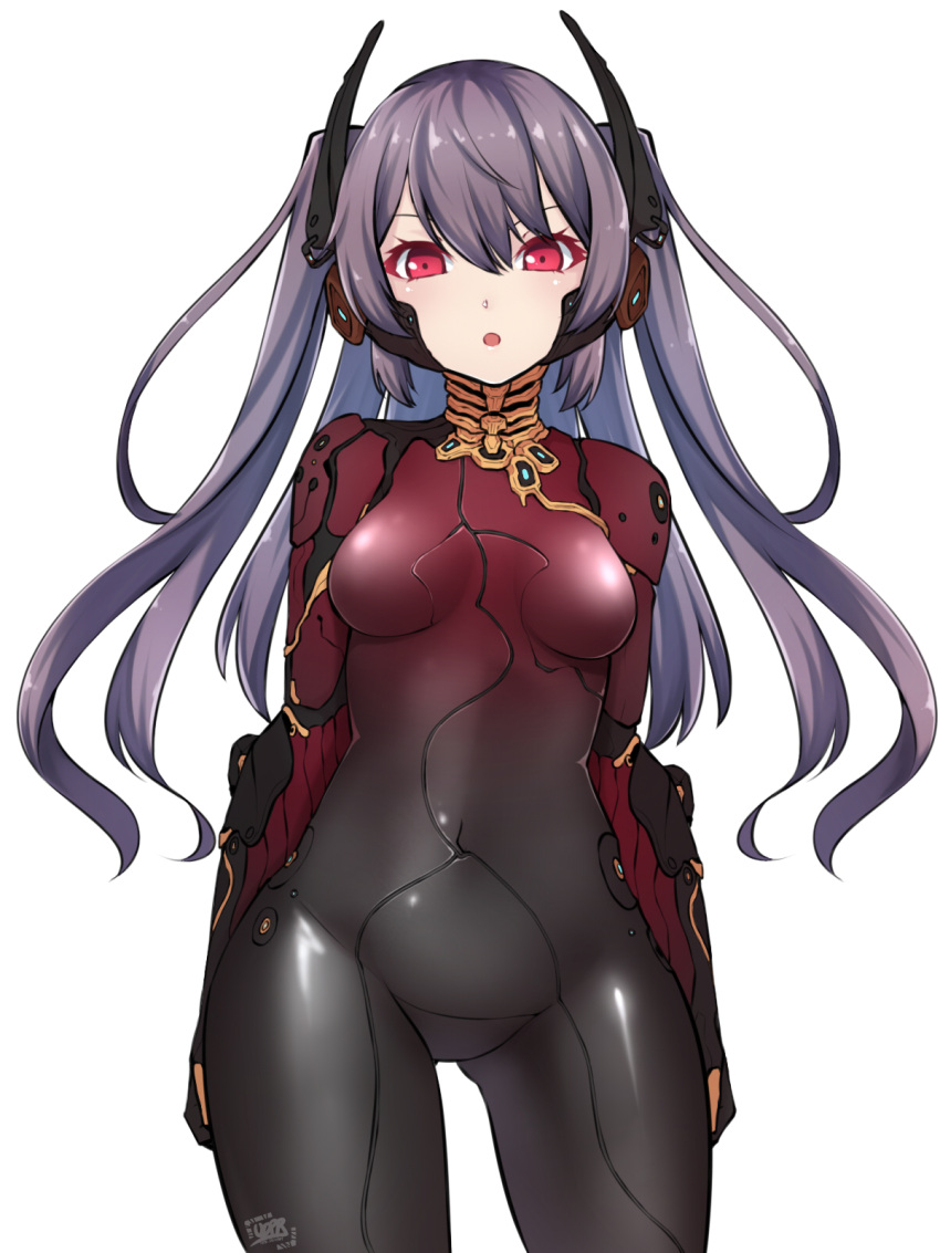1girl, :o, bangs, bodysuit, breasts, grey_hair, hair_between_eyes, headgear