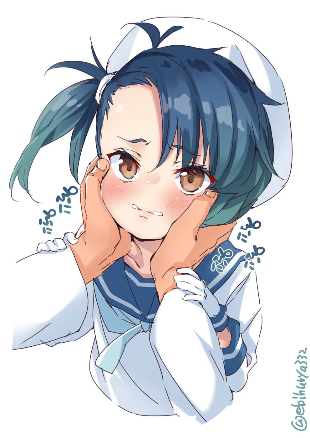 1boy, 1girl, blue_hair, blue_neckwear, blue_ribbon, blush, brown_eyes, closed_mouth