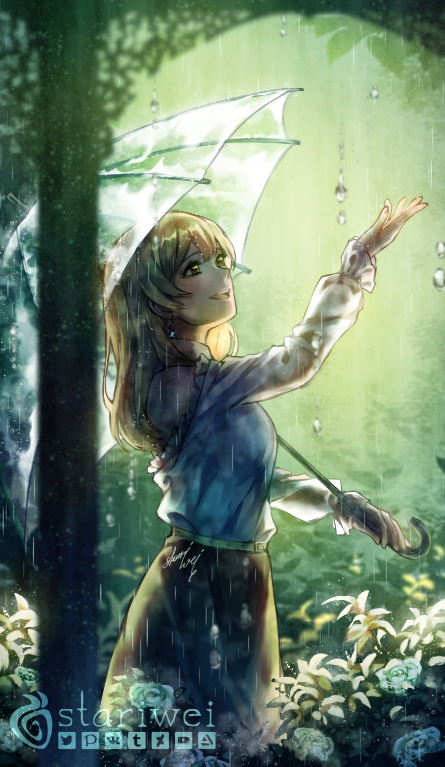 1girl, :d, artist_name, brown_eyes, brown_hair, brown_skirt, day, earrings