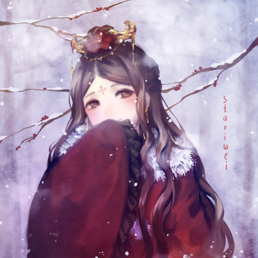 1girl, artist_name, blurry, blurry_background, blush, branch, brown_eyes, brown_hair