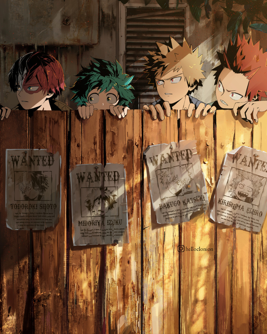4boys, bakugou_katsuki, blonde_hair, boku_no_hero_academia, clonion, covered_mouth, fence, fingers