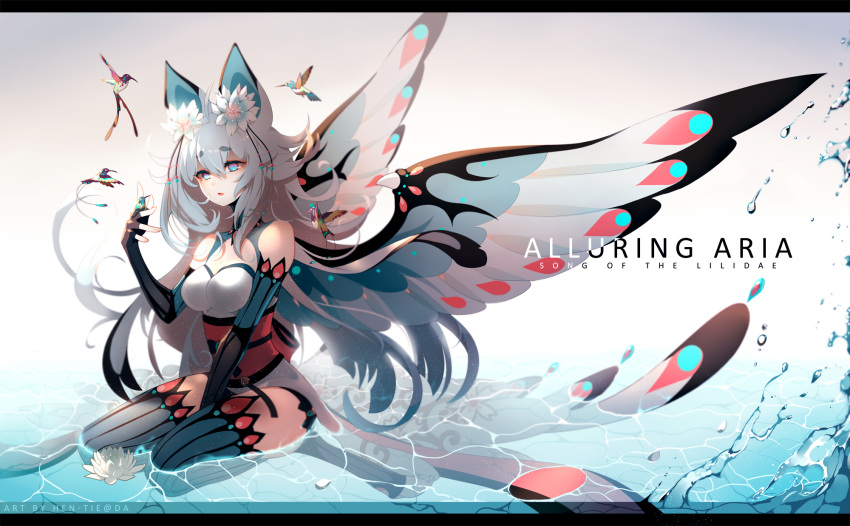 1girl, ahoge, animal_ears, artist_name, bangs, between_legs, bird, black_gloves