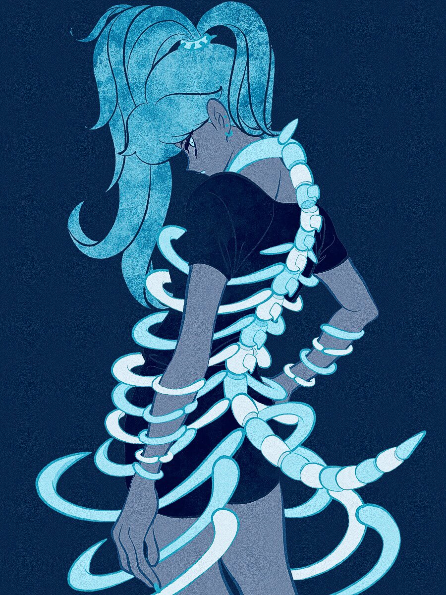 1girl, bangs, black_dress, blue_background, blue_hair, blue_nails, bone, breasts