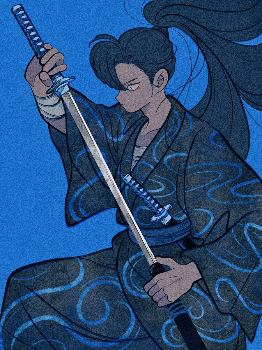 1boy, black_hair, blue_background, cowboy_shot, highres, holding, holding_sword, holding_weapon