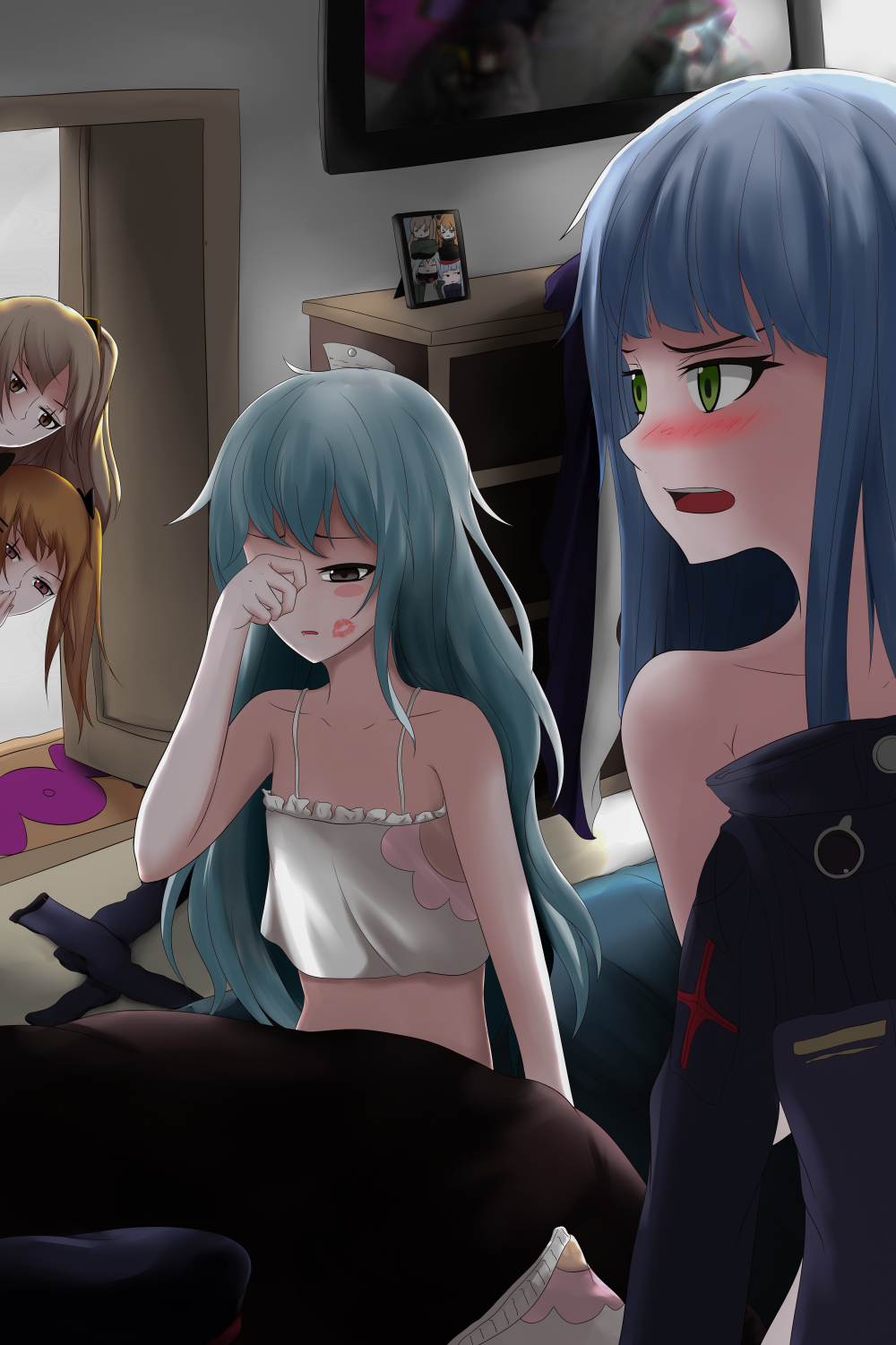 404_(girls_frontline), 4girls, bangs, black_bow, black_ribbon, blunt_bangs, blush, bow