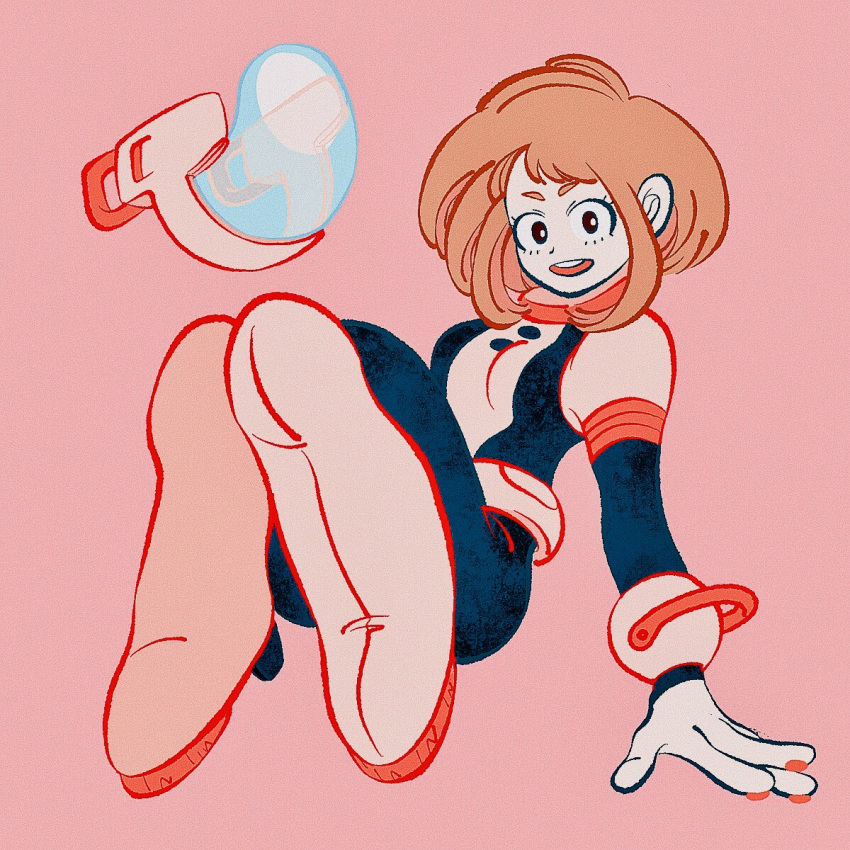 1girl, bangs, bodysuit, boku_no_hero_academia, boots, breasts, brown_eyes, brown_hair