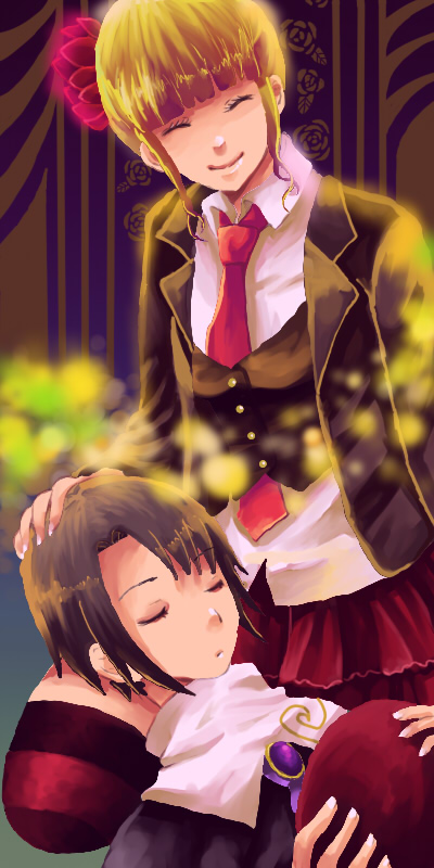 black_hair, blonde_hair, kanon_(character), kanon_(umineko), lying, smile, toratama_kosuzu, umineko_no_naku_koro_ni