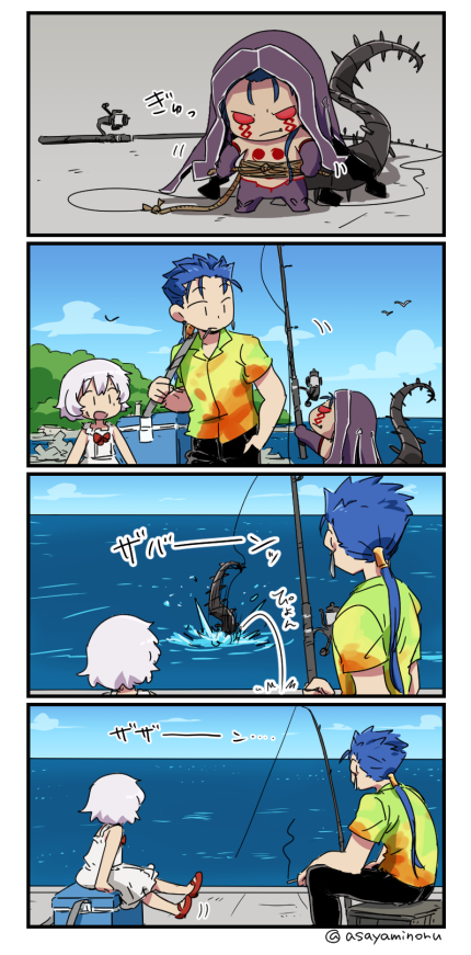 1girl, 2boys, :d, asaya_minoru, bangs, bare_arms, bare_shoulders, black_pants