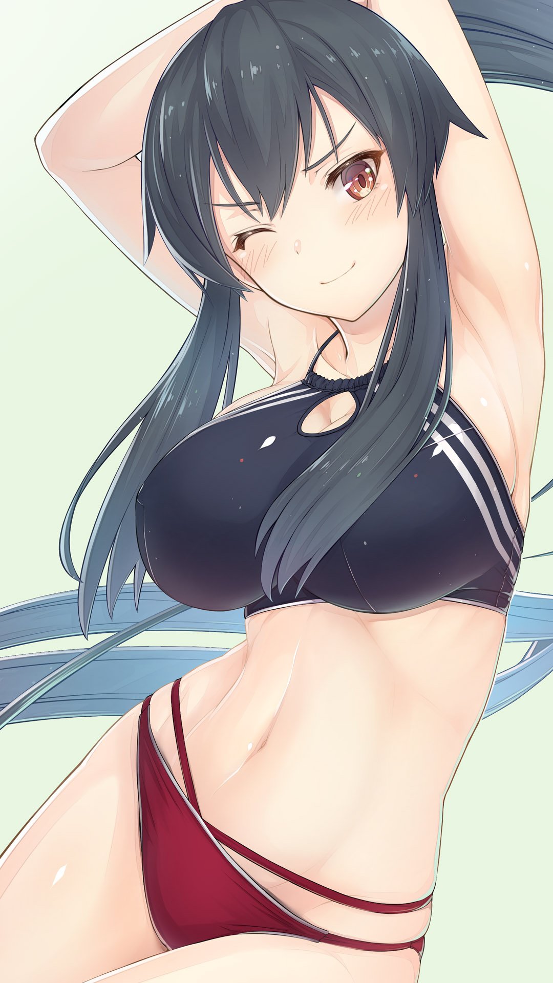 1girl, ;), armpit_crease, armpits, arms_up, bangs, bare_arms, bare_shoulders