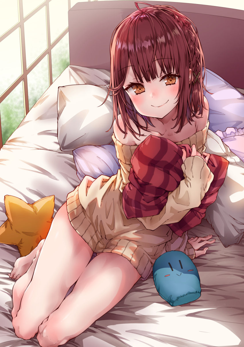 1girl, ahoge, alt, arm_support, atelier_(series), atelier_sophie, bangs, bare_legs