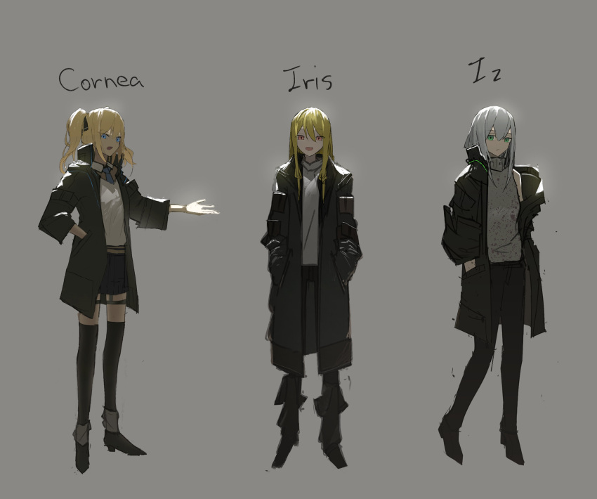3girls, absurdres, asuteroid, blonde_hair, boots, character_name, coat, cornea_(asuteroid)