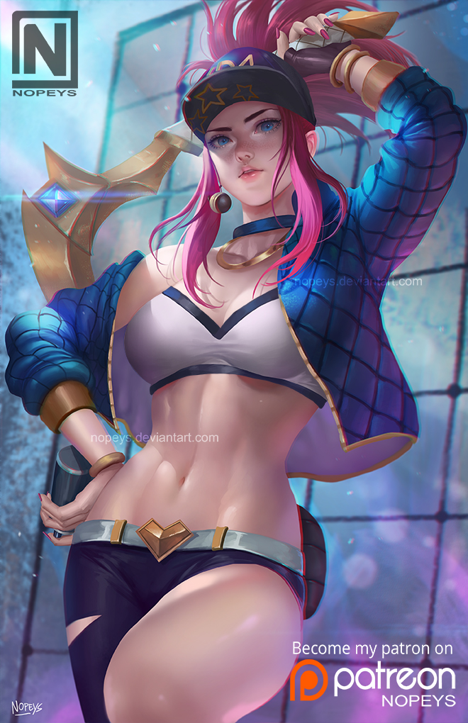 1girl, akali, bare_shoulders, baseball_cap, belt, blue_eyes, blue_jacket, bracelet