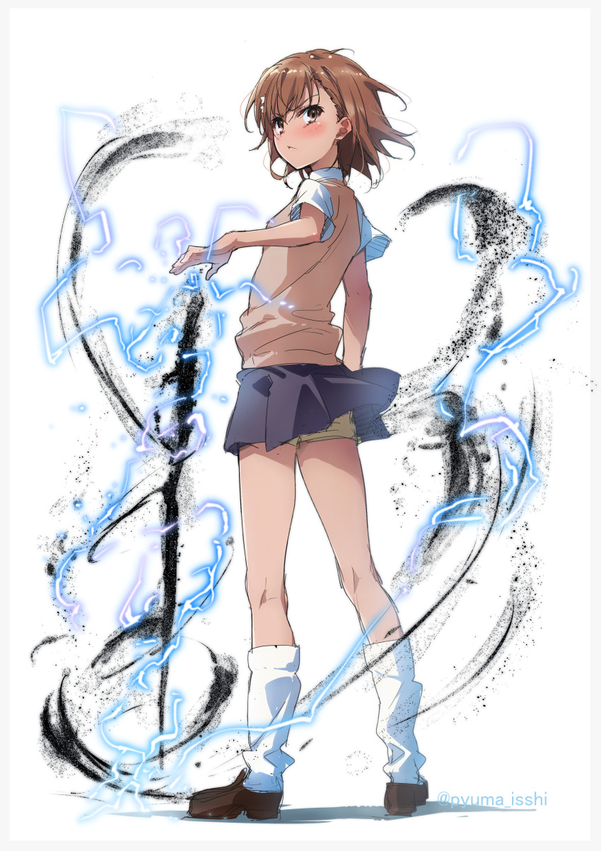 1girl, absurdres, biribiri, brown_eyes, brown_footwear, brown_hair, brown_shorts, dust