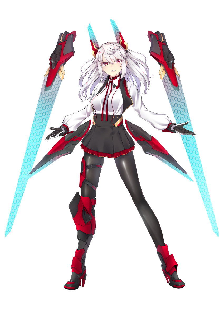 1girl, absurdres, bangs, between_breasts, black_legwear, boots, breasts, collared_shirt, full_body, gloves, grin, hair_between_eyes, headgear, highres, large_breasts, long_hair, long_sleeves, looking_at_viewer, mechanical_parts, original, pantyhose, patton_(cross-bones-t), red_eyes, shirt, simple_background, skirt, smile, solo, white_background, white_hair, white_shirt