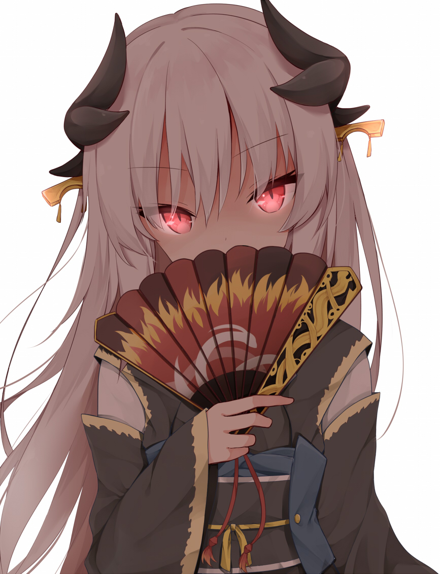 1girl, bangs, black_kimono, commentary_request, covering, covering_breasts, dark_skin, dragon_horns