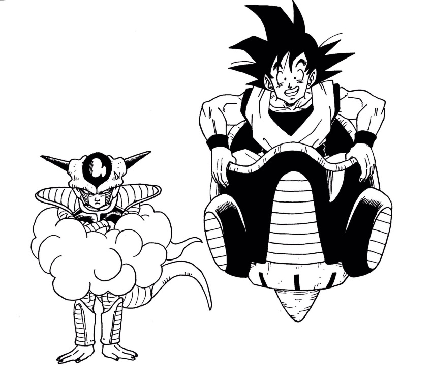 2boys, annoyed, black_eyes, black_hair, clenched_teeth, commentary_request, crossed_arms, dougi, dragon_ball, flying_nimbus, flying_vehicle, frieza, frown, grin, height_difference, highres, horns, lee_(dragon_garou), looking_at_another, looking_at_viewer, male_focus, monochrome, multiple_boys, short_hair, simple_background, sitting, smile, son_gokuu, space_craft, spiky_hair, standing, sweatdrop, teeth, white_background, wristband