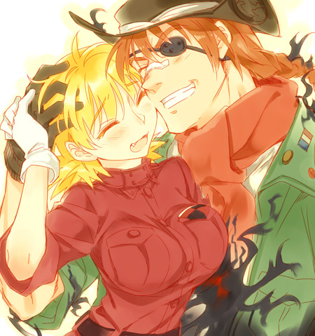 1boy, 1girl, bangs, belt, black_gloves, blonde_hair, braid, breasts