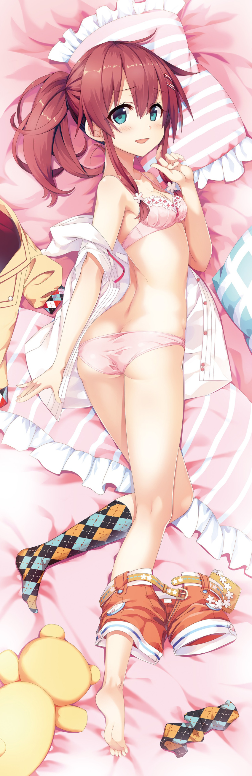 1girl, :d, absurdres, ahoge, argyle, argyle_legwear, ass, asymmetrical_legwear, bangs, barefoot, bed_sheet, belt, belt_buckle, blue_eyes, blush, bow, bow_bra, bra, breasts, brown_belt, buckle, cura, dakimakura, dress_shirt, eyebrows_visible_through_hair, feet, fingernails, frilled_pillow, frills, hair_between_eyes, hair_ornament, hairclip, hand_up, highres, jacket, jacket_removed, kneehighs, kneehighs_removed, long_hair, looking_at_viewer, lying, maitetsu, migita_hibiki, no_shoes, on_side, open_clothes, open_mouth, open_shirt, orange_shorts, panties, pillow, pink_bra, pink_panties, ponytail, puffy_short_sleeves, puffy_sleeves, redhead, shirt, short_shorts, short_sleeves, shorts, shorts_around_one_leg, single_kneehigh, small_breasts, smile, soles, solo, stuffed_animal, stuffed_toy, teddy_bear, toes, underwear, undone_belt, white_shirt, yellow_jacket
