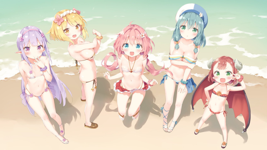 5girls, :d, ahoge, arm_grab, arm_under_breasts, ass, bangs, bare_arms