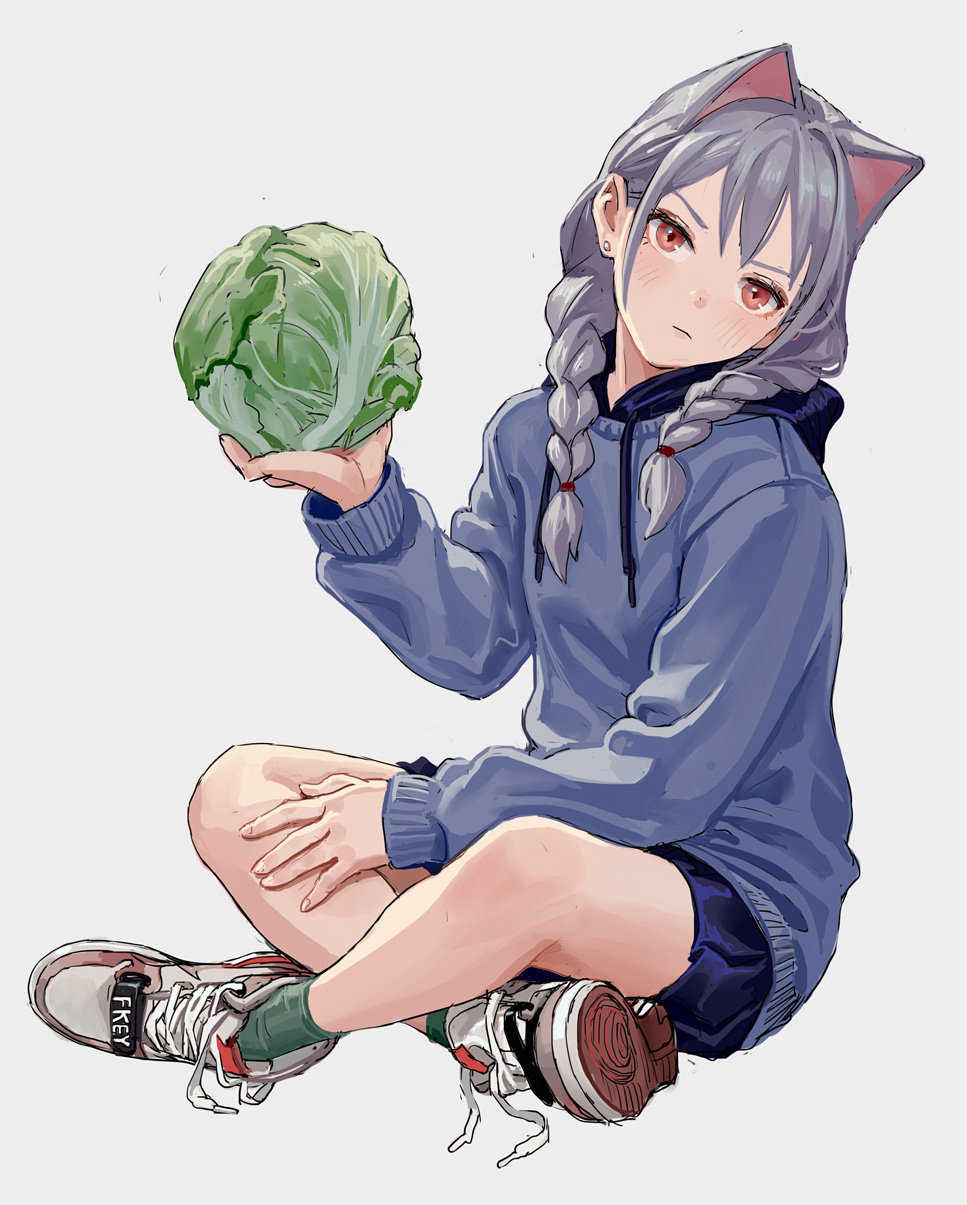 1girl, animal_ears, arm_up, arms_between_legs, artist_name, blue_jacket, blue_skirt, blush