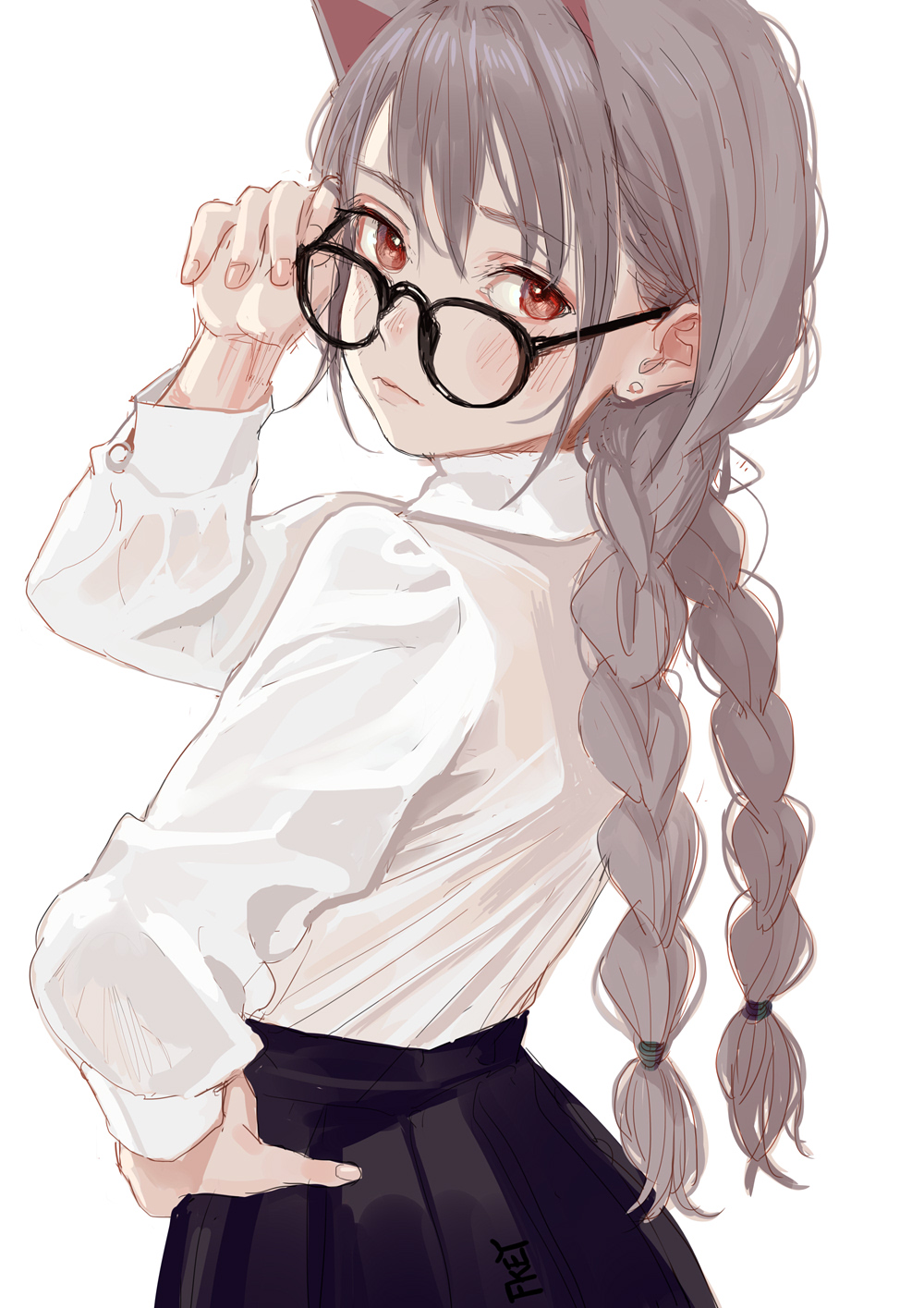 1girl, adjusting_eyewear, animal_ears, artist_name, bangs, black-framed_eyewear, black_skirt, braid