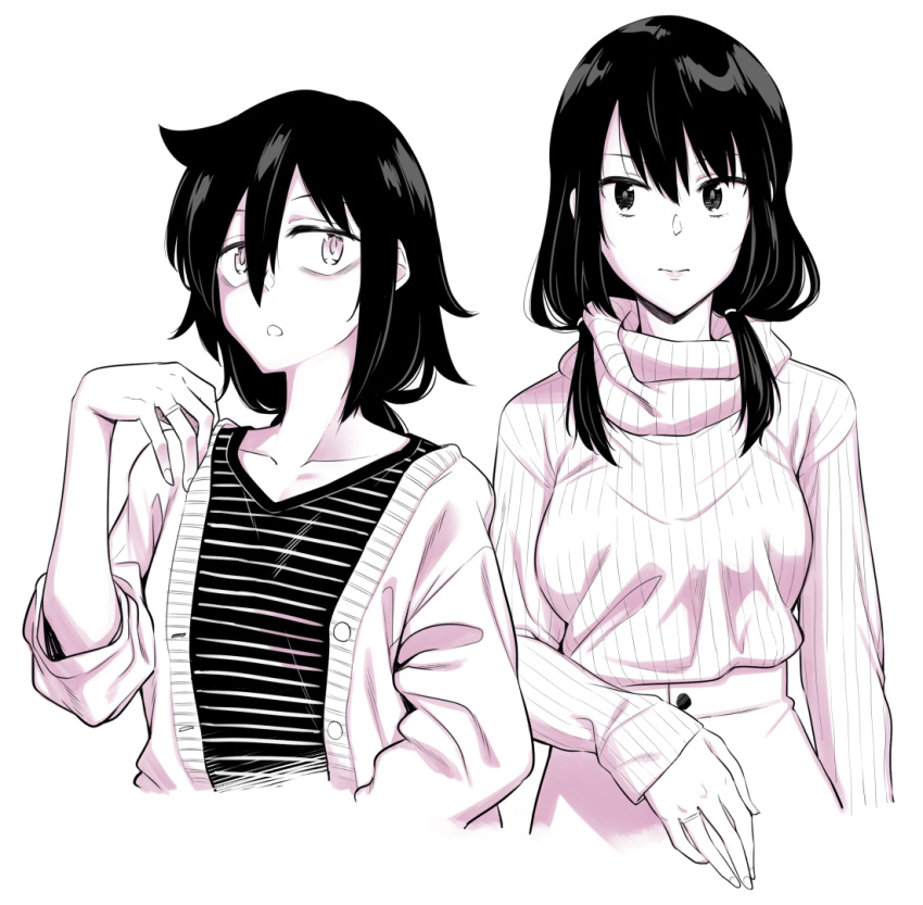 2girls, 3:, alternate_hairstyle, bags_under_eyes, cardigan, casual, commentary_request, d: