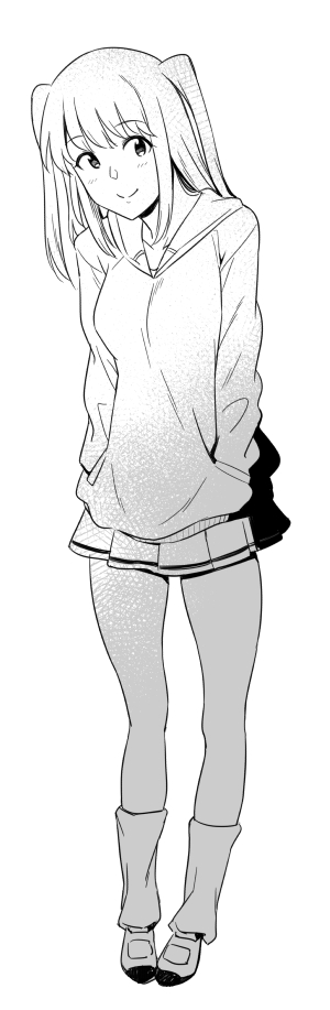 1girl, blush, commentary, full_body, greyscale, hands_in_pockets, hood, hoodie