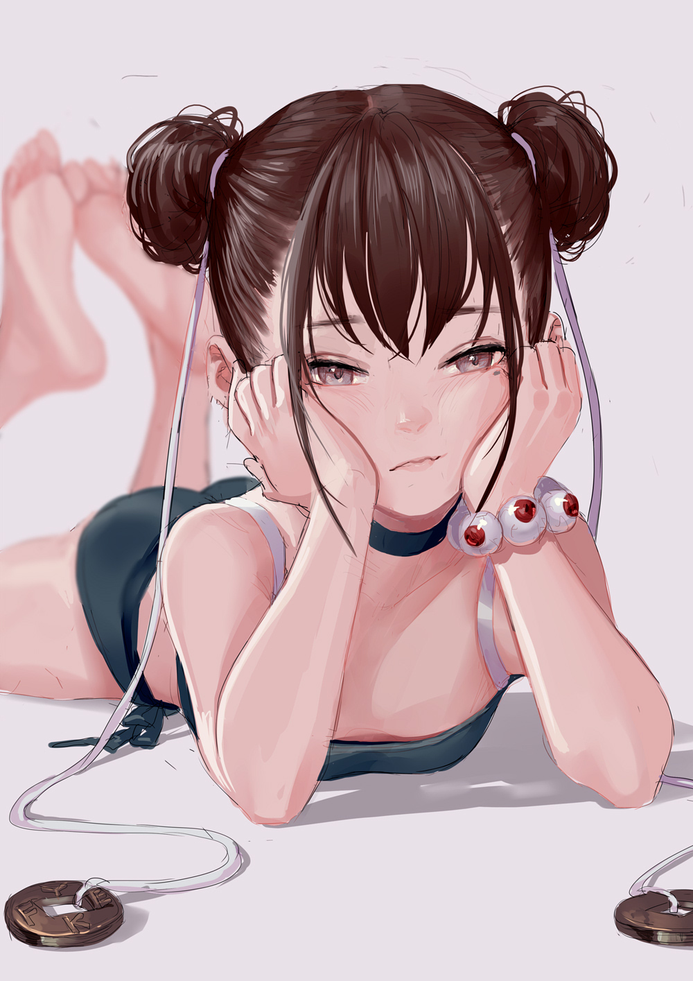 1girl, artist_name, ass, bangs, bare_arms, bare_shoulders, barefoot, bead_bracelet, beads, bikini, blurry, blurry_background, bracelet, breasts, brown_eyes, brown_hair, choker, commentary, double_bun, eyeball, feet, fkey, green_bikini, green_choker, grey_background, hair_ribbon, hands_on_own_cheeks, hands_on_own_face, hands_up, highres, jewelry, looking_at_viewer, lying, mole, mole_under_eye, on_stomach, original, ribbon, shadow, short_hair, simple_background, small_breasts, soles, solo, spaghetti_strap, swimsuit, the_pose, thighs, white_ribbon