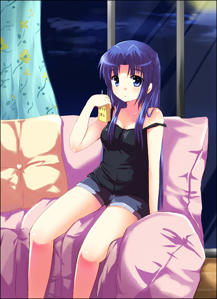 blue_eyes, blue_hair, couch, denim, denim_shorts, drink, drinks, inui_nagi