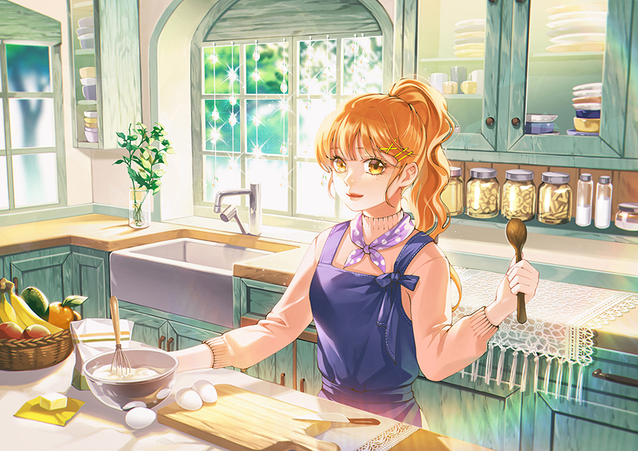 1girl, apron, banana, bangs, blue_apron, bow, bowl, butter, commentary_request, cooking, cup, egg, faucet, food, fruit, hair_ornament, hairpin, indoors, jeya_(leej3ya), kitchen, knife, light_brown_hair, long_hair, orange_sweater, original, plate, polka_dot, polka_dot_bow, polka_dot_neckwear, ponytail, purple_bow, purple_neckwear, red_lips, sink, solo, sweater, whisk, window, wooden_spoon, yellow_eyes