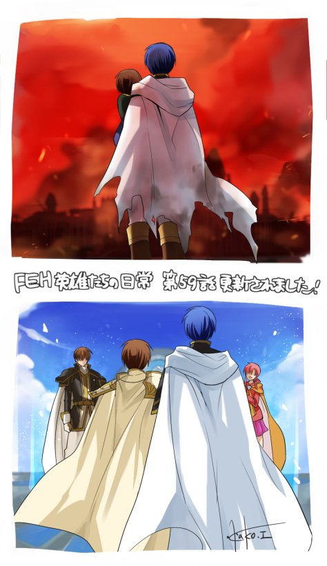 1girl, 3boys, age_progression, blue_hair, blue_sky, brown_hair, burning, cape