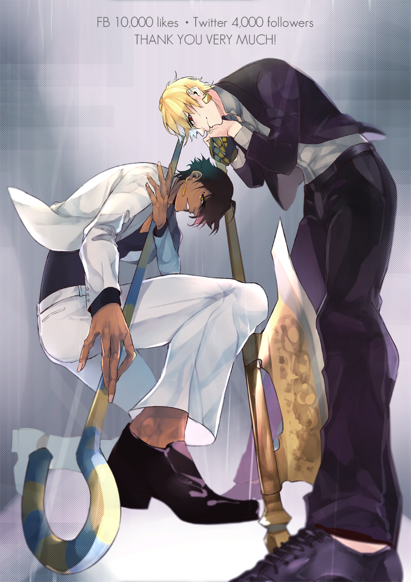 2boys, blonde_hair, brown_hair, contemporary, crook_and_flail, dark_skin, dark_skinned_male, earrings, fate/grand_order, fate/prototype, fate/prototype:_fragments_of_blue_and_silver, fate_(series), formal, from_below, gilgamesh, gloves, hits, jewelry, male_focus, multiple_boys, necklace, ozymandias_(fate), pvc_parfait, red_eyes, single_glove, staff, suit, thank_you, yellow_eyes