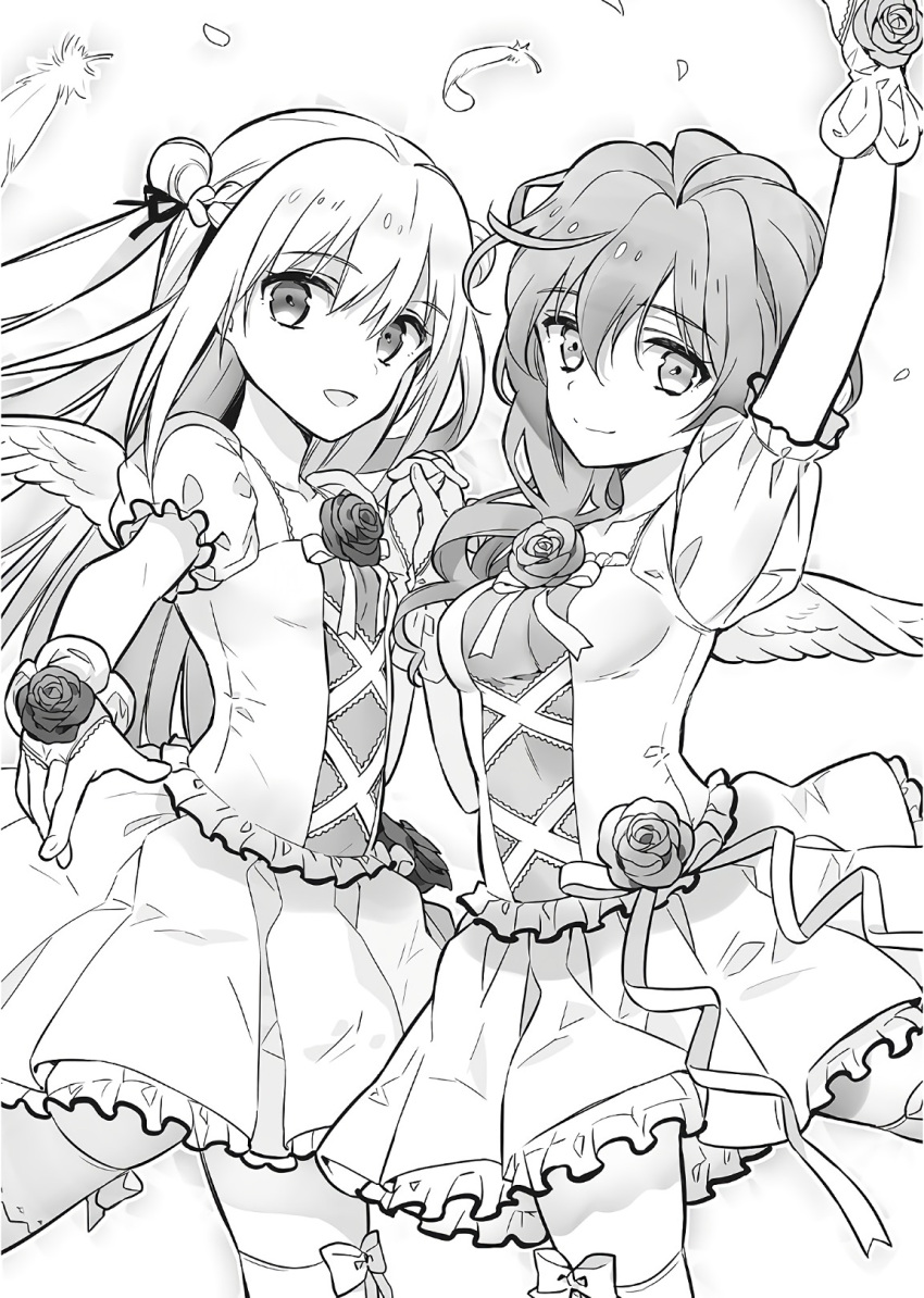 2girls, :d, arm_up, assassins_pride, breasts, bridal_gauntlets, double_bun, eyebrows_visible_through_hair