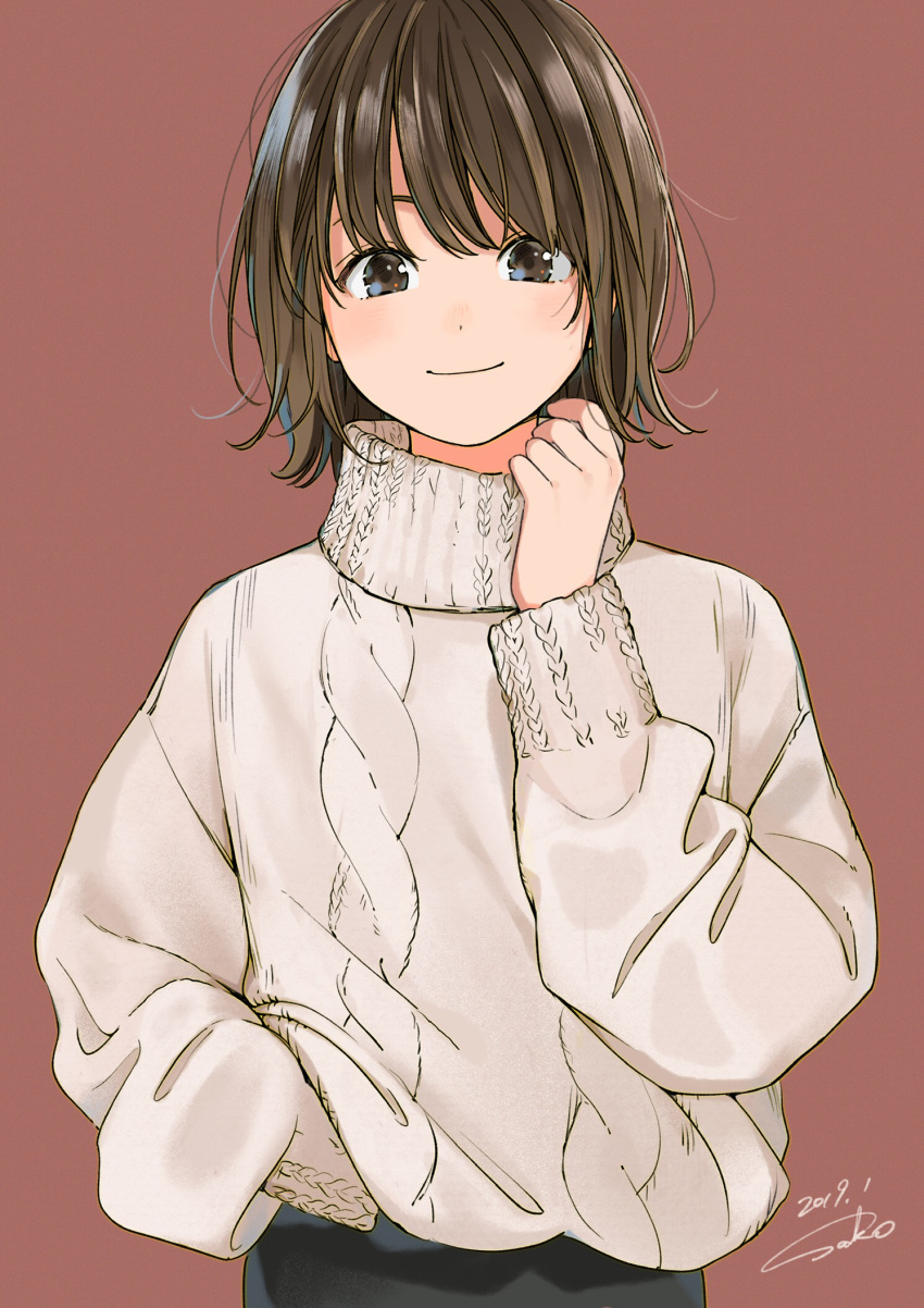 1girl, aran_sweater, bangs, black_pants, brown_background, brown_eyes, brown_hair, closed_mouth