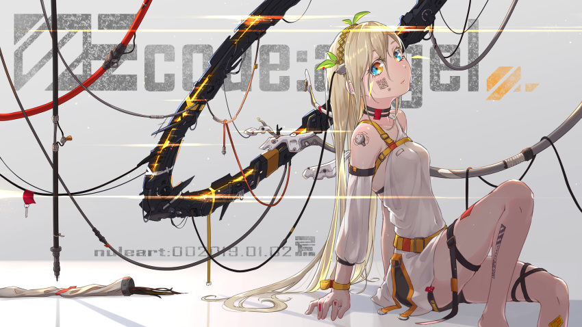 1girl, armband, bare_shoulders, blonde_hair, blue_eyes, cable, choker, cybernetic_parts
