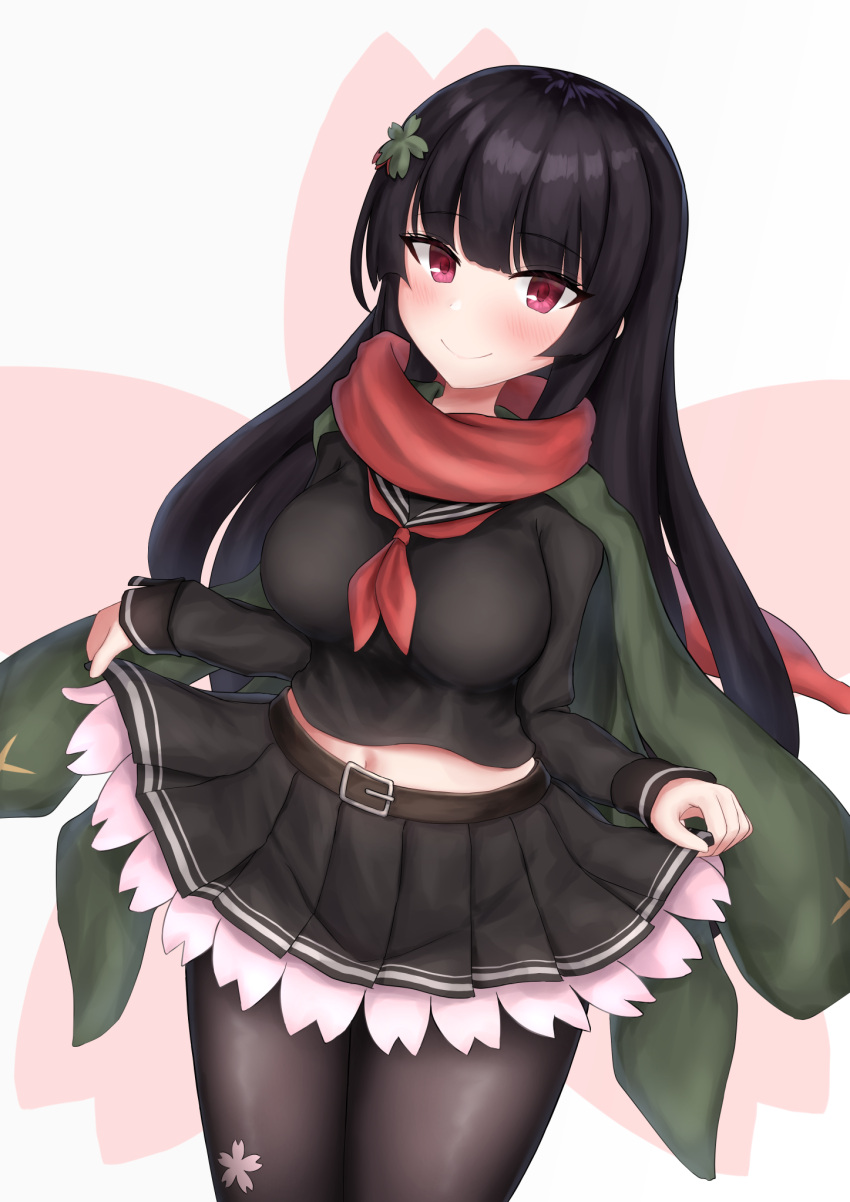 1girl, bangs, belt, belt_buckle, black_hair, black_legwear, black_sailor_collar, black_serafuku
