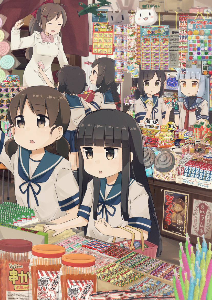 aoshima_sakana, bangs, basket, batsubyou, black_hair, black_legwear, blue_skirt, blunt_bangs, braid, brown_eyes, brown_hair, cat_mask, collared_shirt, commentary_request, container, dress, eyebrows_visible_through_hair, food, fubuki_(kantai_collection), hair_ribbon, hatsuyuki_(kantai_collection), headgear, isonami_(kantai_collection), jar, kantai_collection, long_hair, low_ponytail, low_twintails, mamiya_(kantai_collection), mask, miyuki_(kantai_collection), murakumo_(kantai_collection), neckerchief, necktie, orange_eyes, pantyhose, parted_bangs, pleated_skirt, ponytail, red_neckwear, rensouhou-chan, ribbon, sailor_dress, school_uniform, serafuku, shirayuki_(kantai_collection), shirt, short_ponytail, short_twintails, sidelocks, skirt, sweets, thighband_pantyhose, tress_ribbon, twin_braids, twintails, white_hair