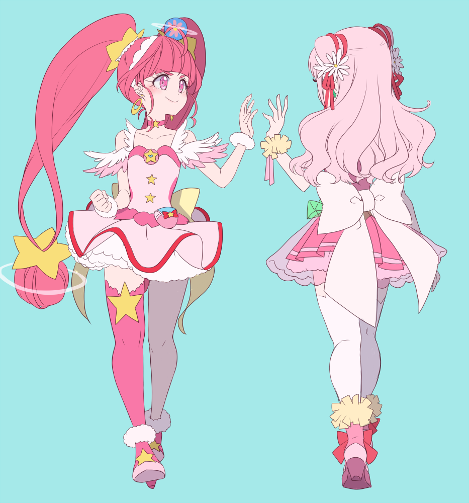 2girls, 8041mm, ahoge, bare_shoulders, boots, choker, cure_star, cure_yell