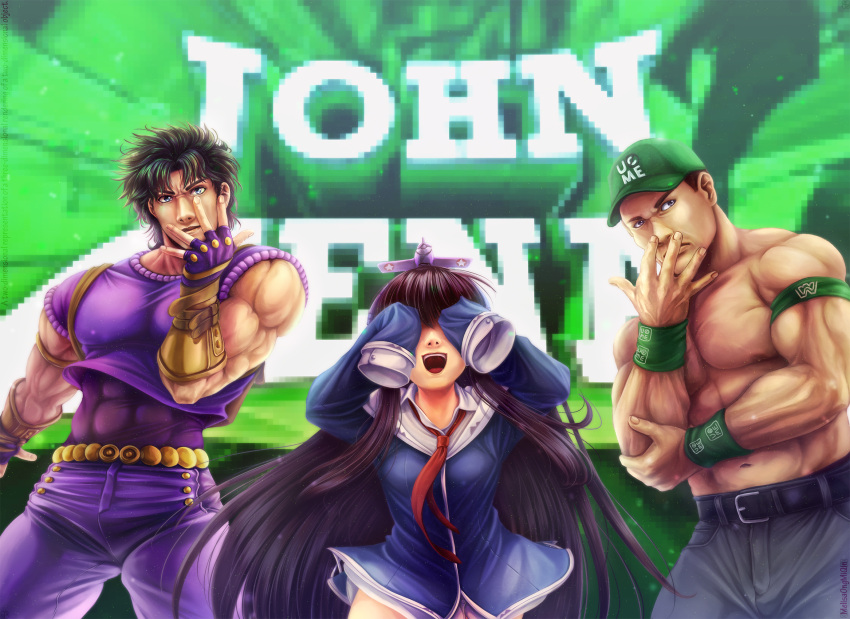 1girl, 2boys, abs, azur_lane, baseball_cap, belt, black_hair, brown_hair, commentary, covering_eyes, english_commentary, f4f_wildcat, fingerless_gloves, gloves, hat, height_difference, highres, john_cena, jojo_no_kimyou_na_bouken, jojo_pose, jonathan_joestar, long_hair, long_island_(azur_lane), melisaongmiqin, meme, multiple_boys, muscle, necktie, no_pants, open_mouth, pants, pixelated, pose, real_life, red_neckwear, sleeveless, sleeves_past_wrists, smile, teeth, topless, trait_connection, very_long_hair, wristband, wwe